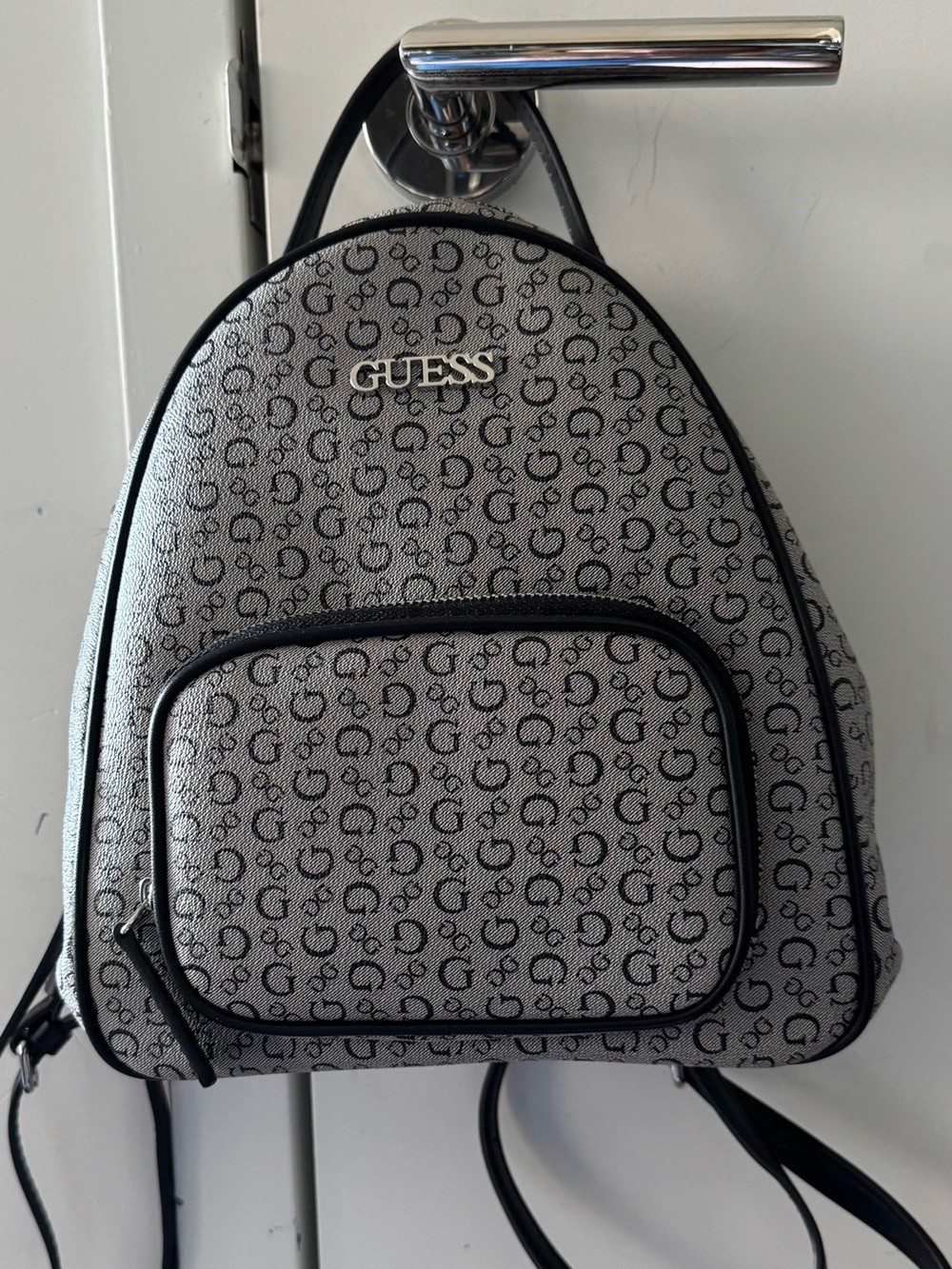 GUESS Gray Monogram Mini Backpack with Black Trim and Gold Logo